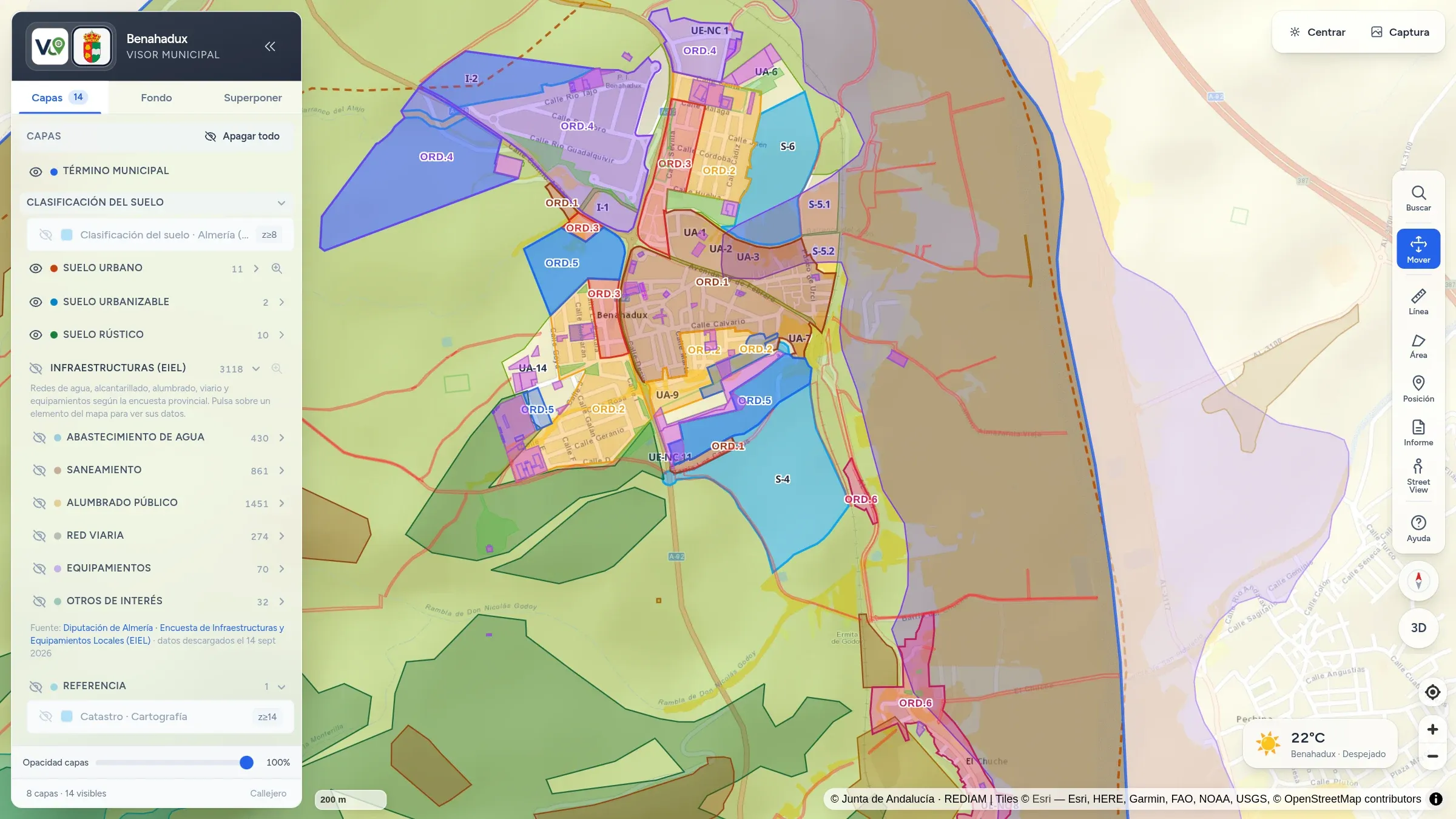 Visor de Benahadux con la clasificación del suelo: suelo urbano con sus ordenanzas, unidades de ejecución y sectores urbanizables.