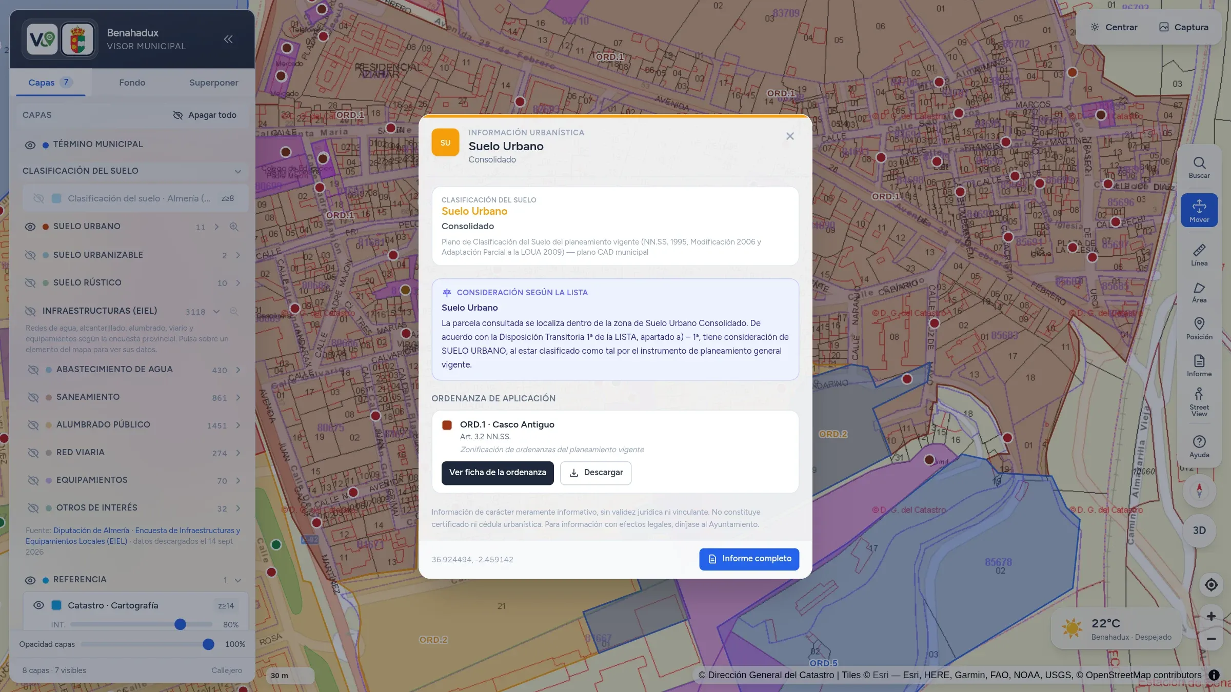 Ficha urbanística de un punto del casco de Benahadux: suelo urbano consolidado, consideración según la LISTA y ordenanza ORD.1 Casco Antiguo.