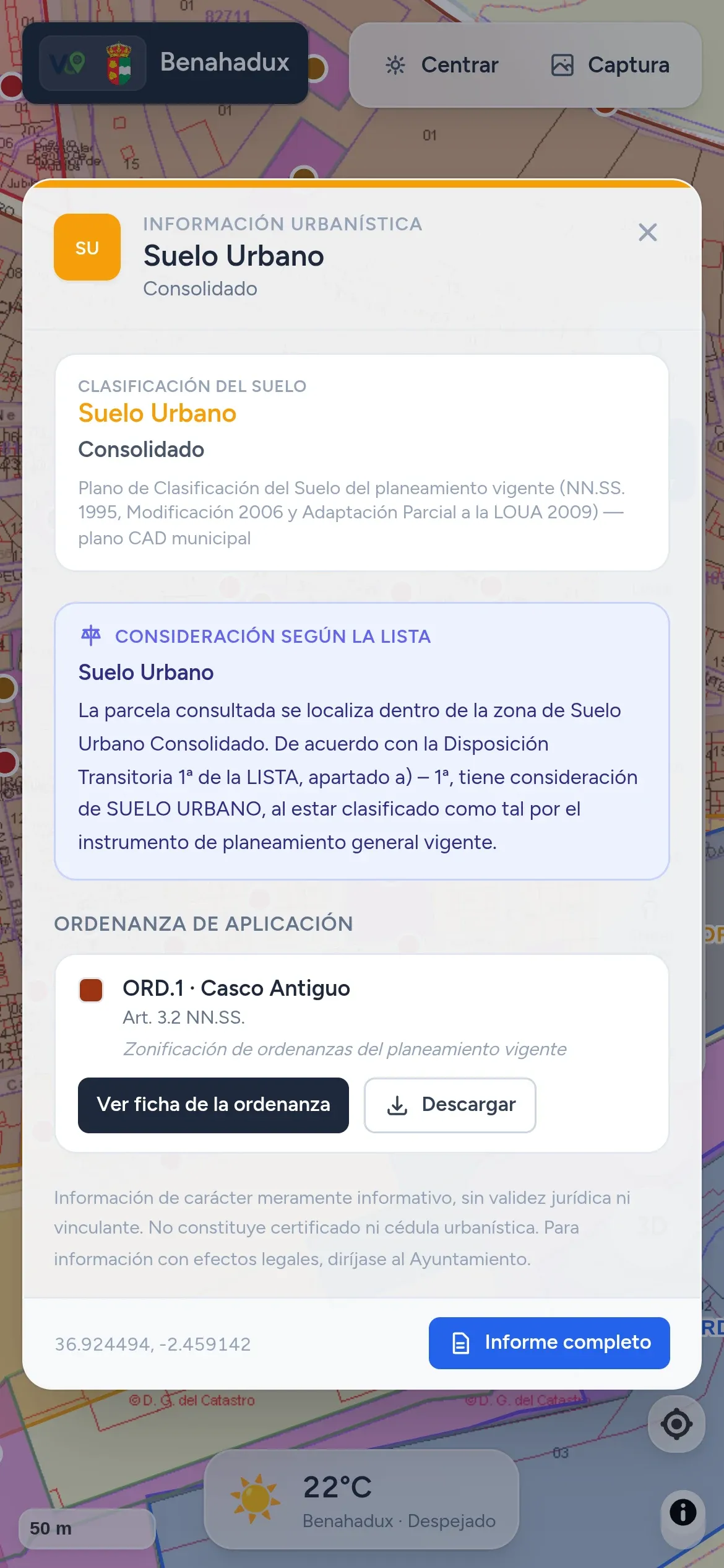Ficha urbanística del visor en un móvil.